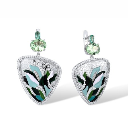 Sterling Silver Earrings Enamel,Green Spinel,White Cubic Zirconia (E317487ENASL925)