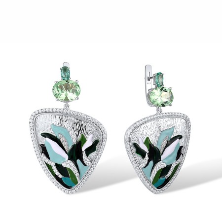 Sterling Silver Earrings Enamel,Green Spinel,White Cubic Zirconia (E317487ENASL925)