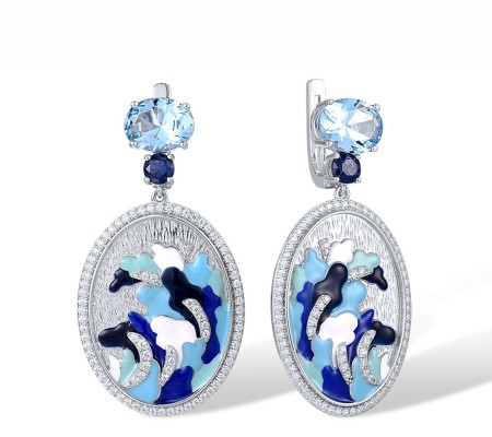Sterling Silver Earrings Blue Nano Cubic Zirconia,Blue Spinel,Enamel,White Cubic Zirconia (E317488ENASL925)