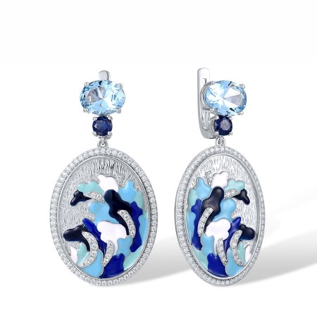 Sterling Silver Earrings Blue Nano Cubic Zirconia,Blue Spinel,Enamel,White Cubic Zirconia (E317488ENASL925)