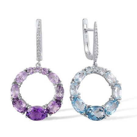 Sterling Silver Earrings Amethyst,White Cubic Zirconia,Blue Topaz (Sky Blue),Blue Topaz (Swiss Blue),London Blue Topaz (E317536MULSL925)