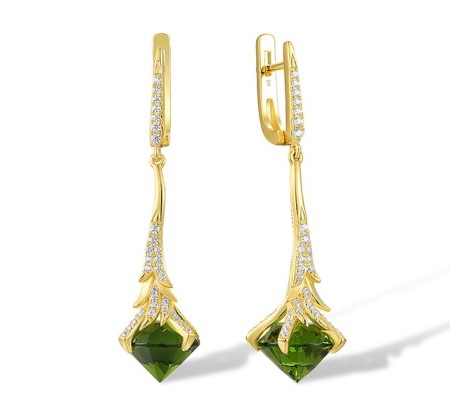 Sterling Silver w/ Yellow Plating Earrings Green Glass,White Cubic Zirconia (E317541GRGZSY925)