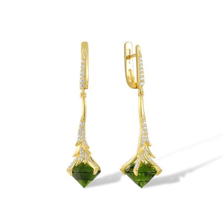 Sterling Silver w/ Yellow Plating Earrings Green Glass,White Cubic Zirconia (E317541GRGZSY925)