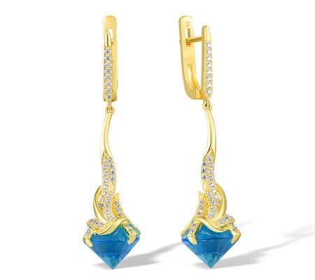 Sterling Silver w/ Yellow Plating Earrings Blue Glass,White Cubic Zirconia (E317542BLGZSY925)
