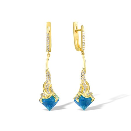 Sterling Silver w/ Yellow Plating Earrings Blue Glass,White Cubic Zirconia (E317542BLGZSY925)