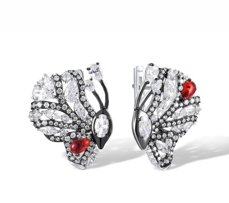 Sterling Silver w/ Black White Plating Earrings Red Glass,White Cubic Zirconia (E317544REGZSK925)