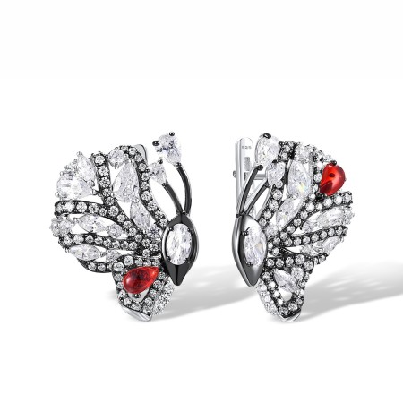 Sterling Silver w/ Black White Plating Earrings Red Glass,White Cubic Zirconia (E317544REGZSK925)