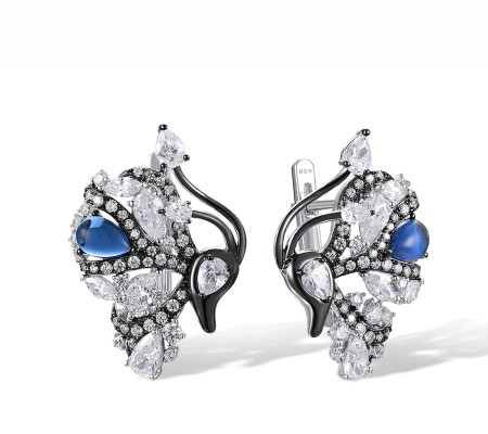 Sterling Silver w/ Black White Plating Earrings Blue Glass,White Cubic Zirconia (E317545BLGZSK925)