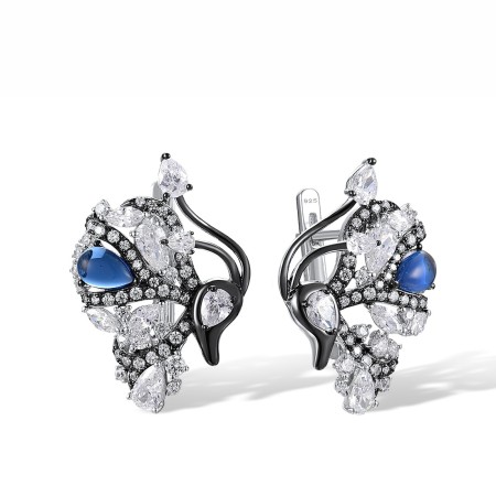 Sterling Silver w/ Black White Plating Earrings Blue Glass,White Cubic Zirconia (E317545BLGZSK925)