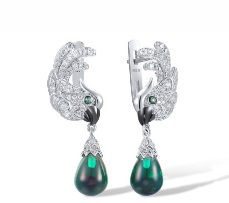 Sterling Silver w/ Black White Plating Earrings Green Glass,Green Spinel,White Cubic Zirconia (E317647GGNZSK925)