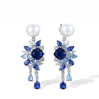 Sterling Silver Earrings Blue Glass,Blue Nano Cubic Zirconia,Blue Spinel,White Cubic Zirconia,White Shell Beads (E317714MULSL925)