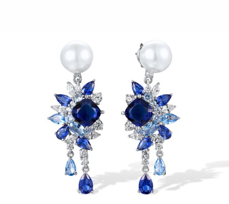 Sterling Silver Earrings Blue Glass,Blue Nano Cubic Zirconia,Blue Spinel,White Cubic Zirconia,White Shell Beads (E317714MULSL925)