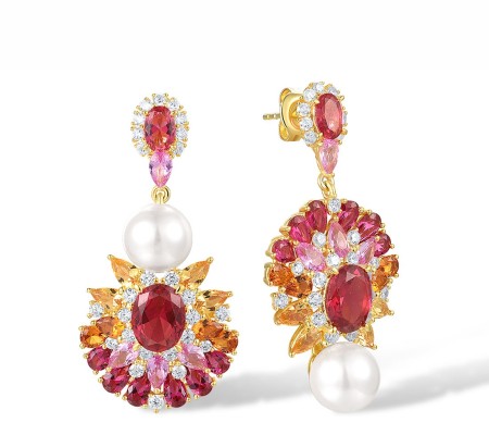 Sterling Silver w/ Yellow Plating Earrings Created Pink Sapphire,Red Nano Crystal,White Cubic Zirconia,White Shell Beads,Yellow Nano Cubic Zirconia (Ci (E317715MULSY925)