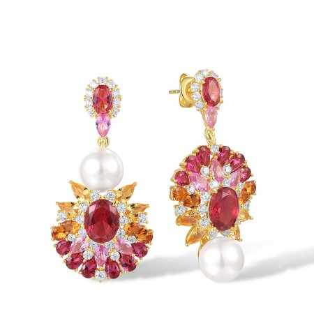 Sterling Silver w/ Yellow Plating Earrings Created Pink Sapphire,Red Nano Crystal,White Cubic Zirconia,White Shell Beads,Yellow Nano Cubic Zirconia (Ci (E317715MULSY925)
