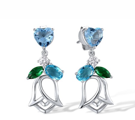 Sterling Silver Earrings Blue Glass,Green Glass,White Cubic Zirconia (E317846BGRZSL925)