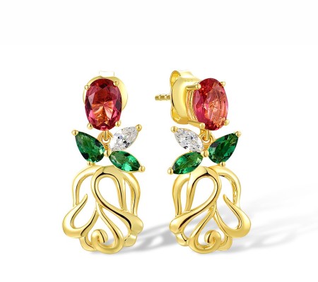 Sterling Silver w/ Yellow Plating Earrings Green Glass,Pink Glass,White Cubic Zirconia (E317848GGPZSY925)