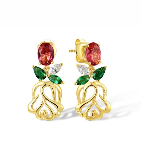 Sterling Silver w/ Yellow Plating Earrings Green Glass,Pink Glass,White Cubic Zirconia (E317848GGPZSY925)