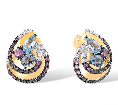 14K Yellow Gold Stud Earrings with Genuine Amethyst,Blue Topaz (Swiss Blue),Diamond,London Blue Topaz (E317870ABLD14KYWB)