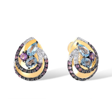 14K Yellow Gold Stud Earrings with Genuine Amethyst,Blue Topaz (Swiss Blue),Diamond,London Blue Topaz (E317870ABLD14KYWB)