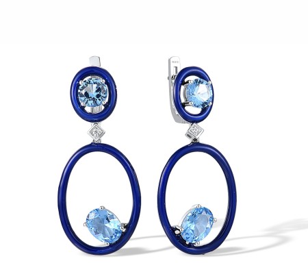 Sterling Silver Earrings Blue Spinel,Enamel,White Cubic Zirconia (E317886ENASL925)