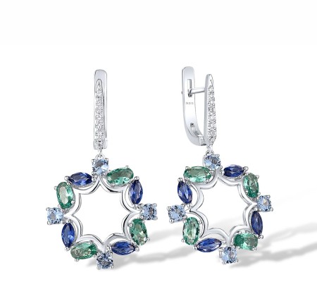 Sterling Silver Earrings Blue Spinel,Green Spinel,White Cubic Zirconia (E317893MULSL925)