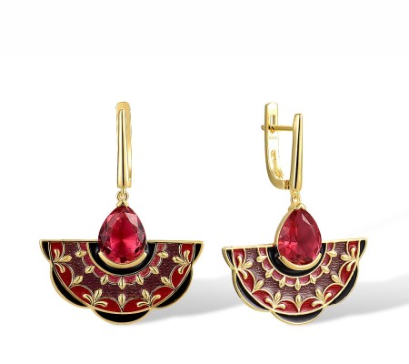 Sterling Silver w/ Yellow Plating Earrings Enamel,Pink Glass (E317895ENASY925)