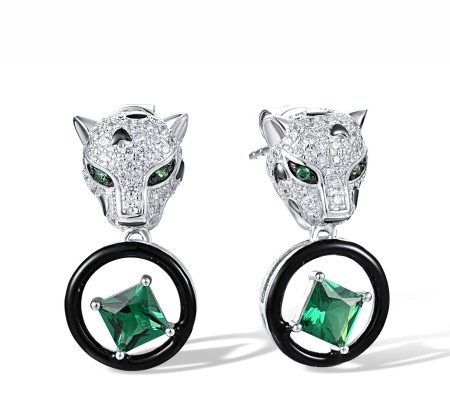 Sterling Silver w/ Black White Plating Earrings Enamel,Green Spinel,White Cubic Zirconia (E317921ENASK925)