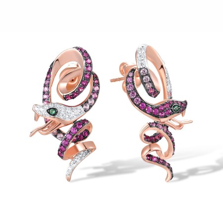 Sterling Silver w/ Rose Black White Plating Earrings Created Pink Sapphire,Created Ruby,Green Spinel,White Cubic Zirconia (E318057MULSV925)