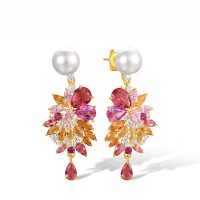 Sterling Silver w/ Yellow Plating Earrings Created Pink Sapphire,Created Ruby,Pink Cubic Zirconia,Pink Glass,White Cubic Zirconia,White Shell Beads,Yellow Nano Crystal (E318086MULSY925)