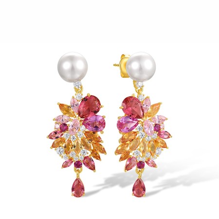 Sterling Silver w/ Yellow Plating Earrings Created Pink Sapphire,Created Ruby,Pink Cubic Zirconia,Pink Glass,White Cubic Zirconia,White Shell Beads,Yellow Nano Crystal (E318086MULSY925)