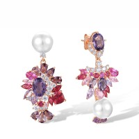 Sterling Silver w/ Rose Plating Earrings Amethyst Cubic Zirconia,Created Pink Sapphire,Light Blue Cubic Zirconia,Pink Cubic Zirconia,Purple Glass,Red Nano Crystal,White Cubic Zirconia,White Shell Beads (E318093MULSR925)