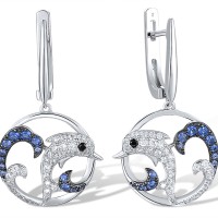 Sterling Silver w/ Black White Plating Earrings Black spinel,Blue Nano Cubic Zirconia,White Cubic Zirconia (E318111BNSZSK925)