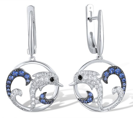 Sterling Silver w/ Black White Plating Earrings Black spinel,Blue Nano Cubic Zirconia,White Cubic Zirconia (E318111BNSZSK925)