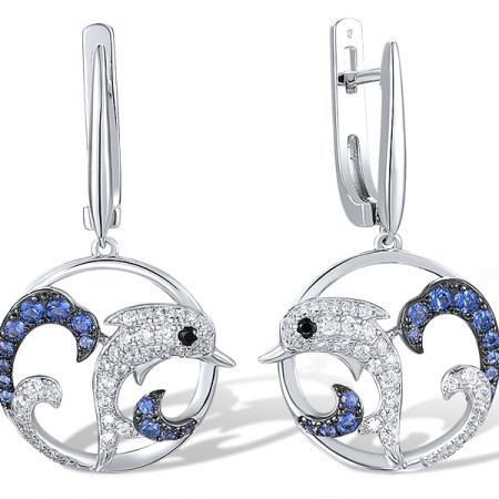 Sterling Silver w/ Black White Plating Earrings Black spinel,Blue Nano Cubic Zirconia,White Cubic Zirconia (E318111BNSZSK925)