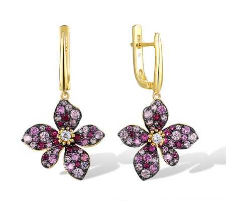 Sterling Silver w/ Yellow Black Plating Earrings Created Pink Sapphire,Created Ruby,White Cubic Zirconia (E318122CPRZSC925)
