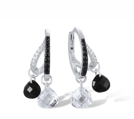 Sterling Silver w/ Black White Plating Earrings Black spinel,Onyx,White Cubic Zirconia (E318125BSOZSK925)