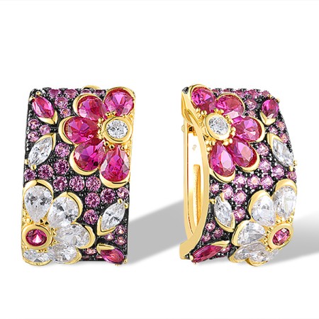 Sterling Silver w/ Yellow Black Plating Earrings Created Pink Sapphire,Created Ruby,White Cubic Zirconia (E318234CPRZSC925)