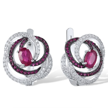 Sterling Silver w/ Black White Plating Earrings Created Ruby,Natural Glass Filled Ruby,White Cubic Zirconia (E318238RRFZSK925)