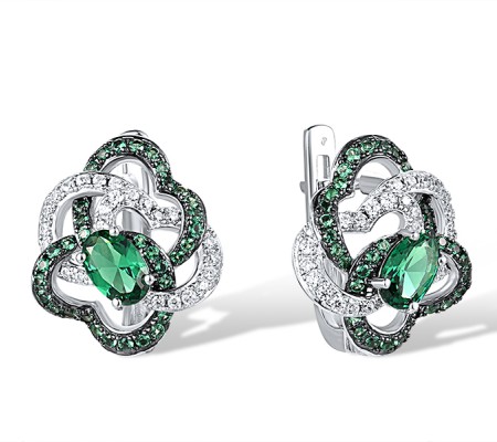 Sterling Silver w/ Black White Plating Earrings Green Spinel,White Cubic Zirconia (E318240GSZSK925)