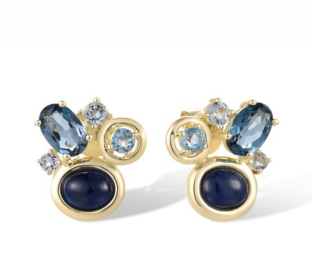14KY Earrings Blue Sapphire,Blue Topaz (Sky Blue),Blue Topaz (Swiss Blue),London Blue Topaz (E318242MUL14KY)