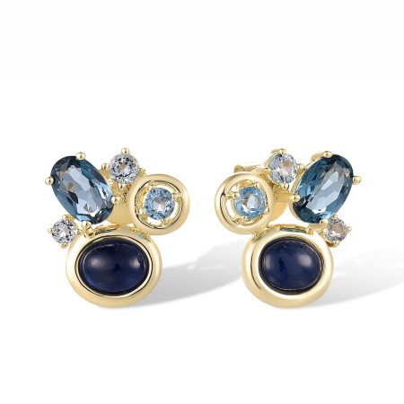 14KY Earrings Blue Sapphire,Blue Topaz (Sky Blue),Blue Topaz (Swiss Blue),London Blue Topaz (E318242MUL14KY)