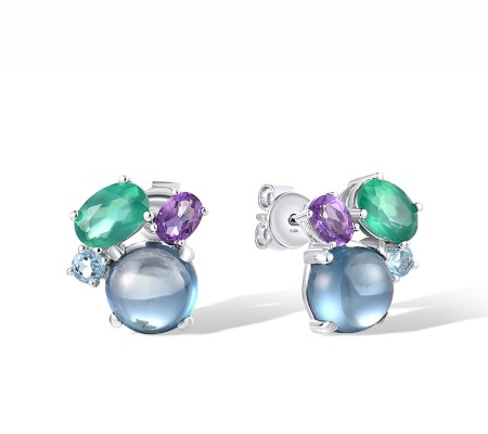 14KW Earrings Amethyst,Blue Topaz (Swiss Blue),Green Chalcedony,London Blue Topaz (E318244MUL14KW)