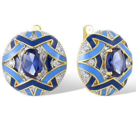 Sterling Silver w/ Ionic Yellow Plating Earrings Blue Spinel,Enamel,White Cubic Zirconia (E318357ENASP925)