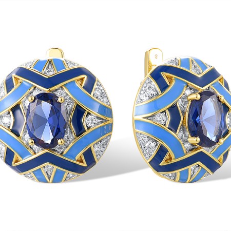 Sterling Silver w/ Ionic Yellow Plating Earrings Blue Spinel,Enamel,White Cubic Zirconia (E318357ENASP925)