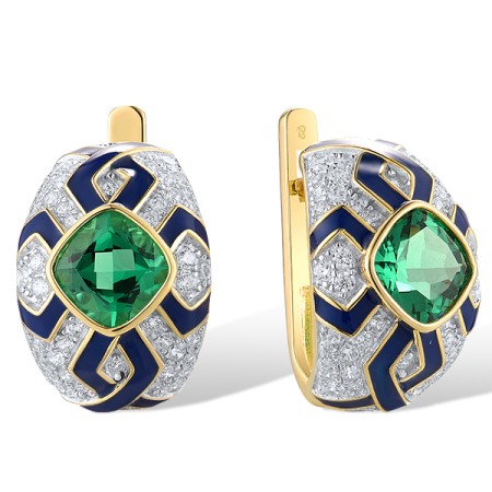Sterling Silver w/ Ionic Yellow Plating Earrings Green Spinel,White Cubic Zirconia,Enamel (E318373ENASP925)