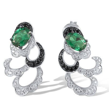 Sterling Silver w/ Black White Plating Earrings Black spinel,Green Spinel,White Cubic Zirconia (E318392BGSZSK925)