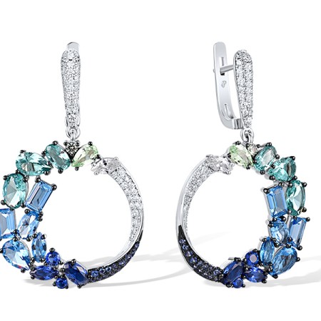 Sterling Silver w/ Black White Plating Earrings Blue Nano Cubic Zirconia,Blue Spinel,Green Spinel,White Cubic Zirconia (E318394MULSK925)