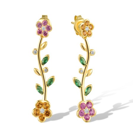 Sterling Silver w/ Yellow Plating Earrings White Cubic Zirconia,Yellow Nano Crystal,Created Pink Sapphire,Green Spinel (E318422MULSY925)