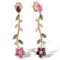 Sterling Silver w/ Rose Plating Earrings White Cubic Zirconia,Created Pink Sapphire,Created Purple Nano Spinel,Green Spinel (E318423MULSR925)
