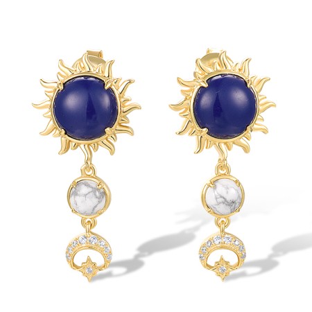 Sterling Silver w/ Yellow Plating Earrings Created Lapis,White Cubic Zirconia,White Magnesite (E318575CLZGSY925)